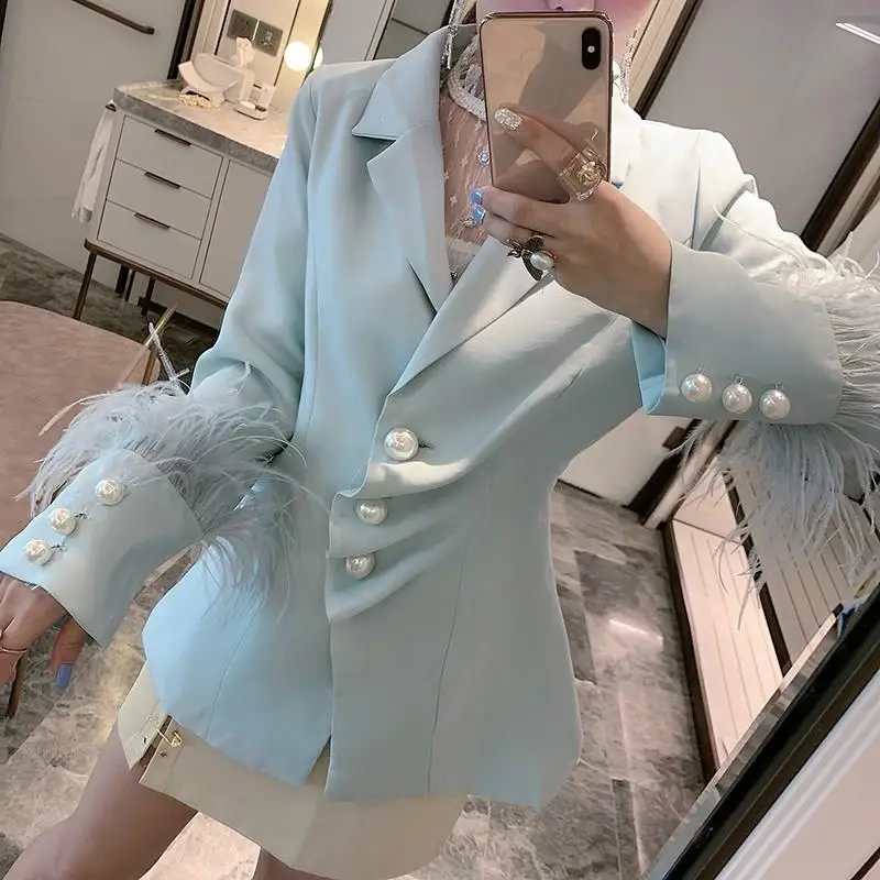 Pearl Button Feather Cuff Blazer Suit Women Outfit Single Breasted Long Sleeve Luxury Coat |