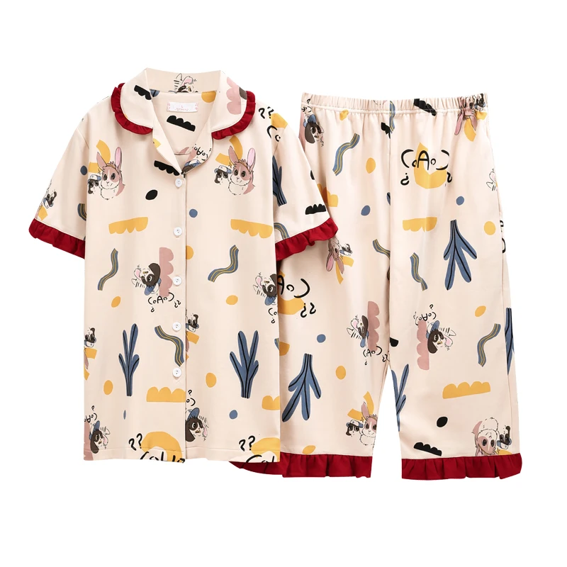Новые пижамы для девочек повседневные Капри с отложным воротником и короткими