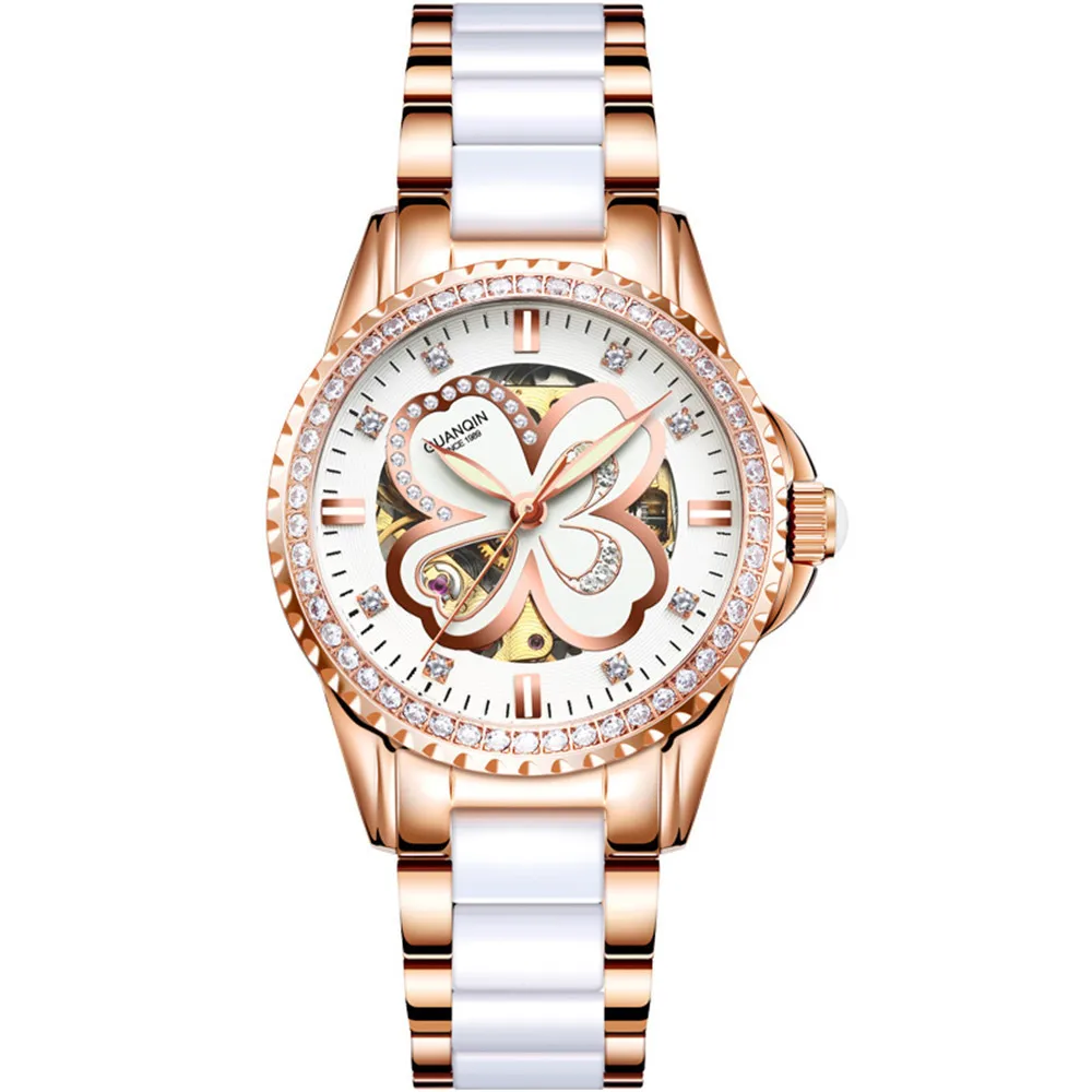 GUANQIN 2020 Watch Women Automatic Rhinestone Dress Top Brand Luxury Ceramics Rose Mechanical Watch Waterproof Bayan Kol Saati