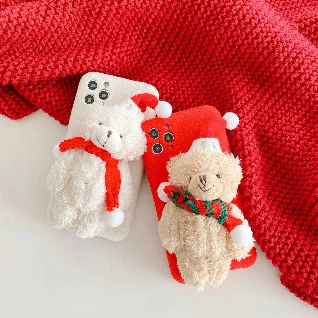 

Christmas Gift Cute Bear Case For Huawei P30 P40 P50 Mate 30 40 Nova 5 6 7 8 Honor 30 50 Winter Warm Soft Plush Furry Fur Cover
