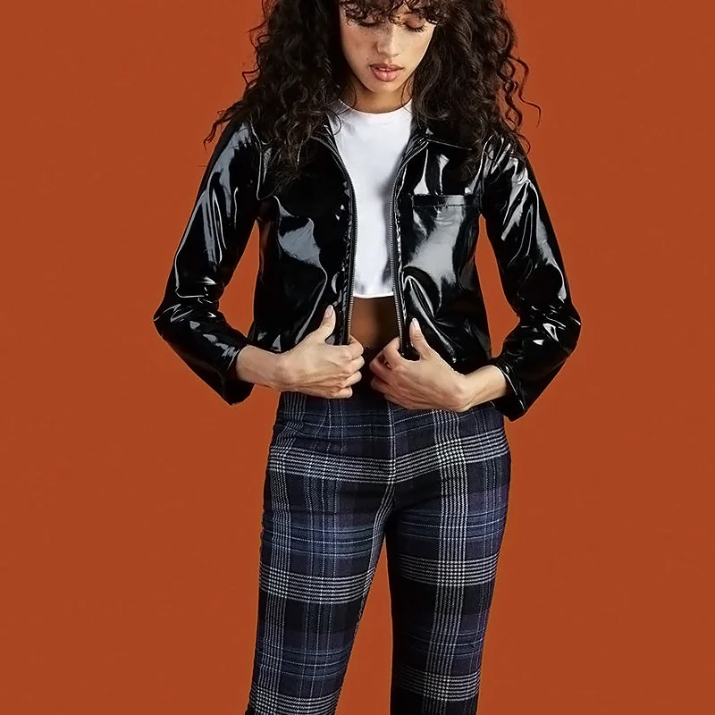 

Fashion jacket personality net red same round zipper bright black short leather women's wear