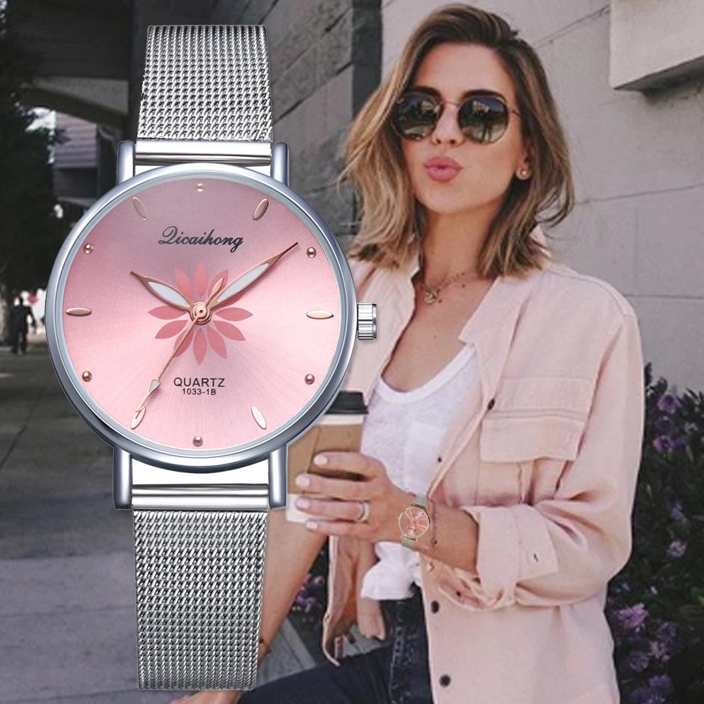 

Watches For Women Luxury Silver Popular Pink Dial Flowers Metal Ladies Bracelet Quartz Clock Ladies Wrist Watch New Clock