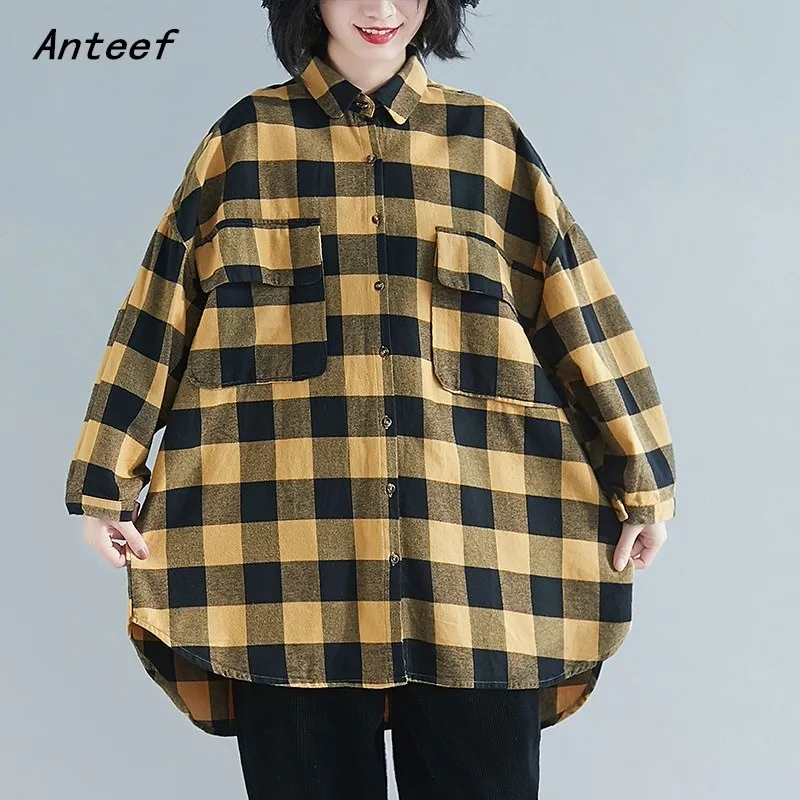 С длинным рукавом размера плюс хлопок винтажная клетчатая Корейская