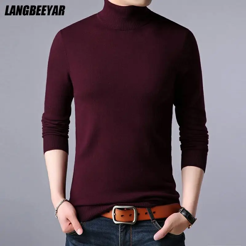 

100% Wool Top Grade Fashion Brand Knit Mens Turtle Necks Sweater Pullover Autum Winter Solid Color Casual Jumper Men's Clothing