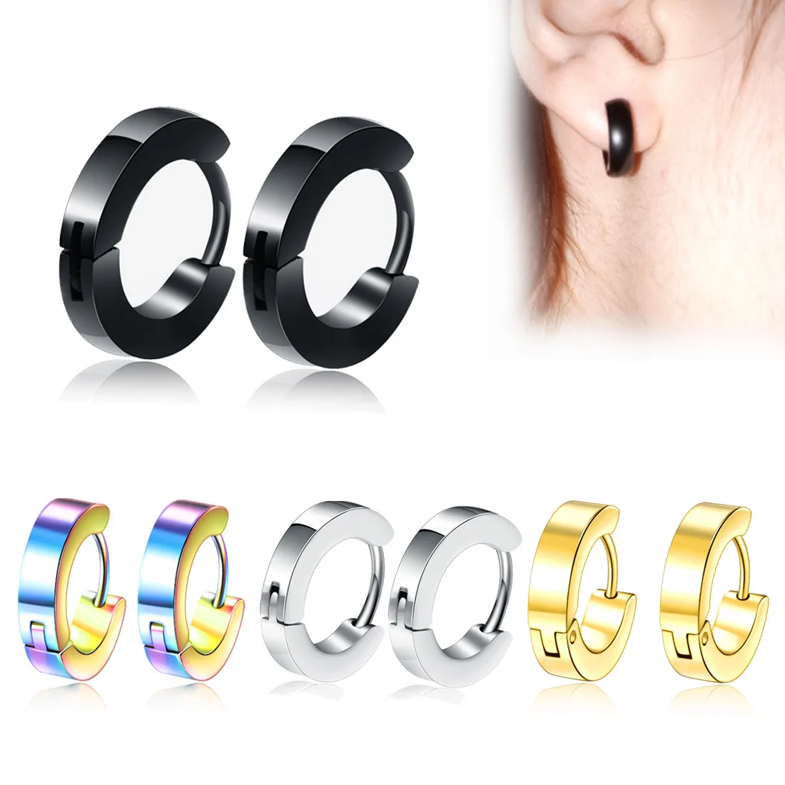 

Men Women Hiphop Punk Earrings Clip Stainless Steel Ear Hoop Buckle Piercing Rings Set Unisex Fashion Jewelry