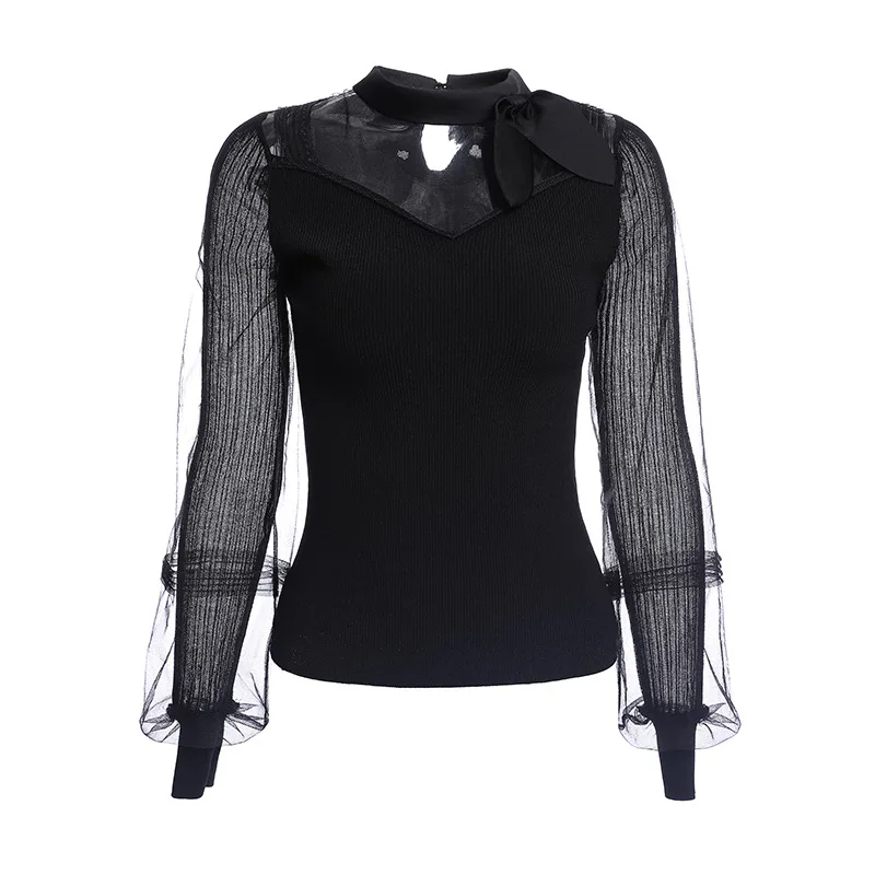

2020 Spring Fashion Pink Black Sweaters Women Bow Tie Elegant Sexy Sheer Mesh Patchwork Long Sleeve Casual Basic Tops Pullover