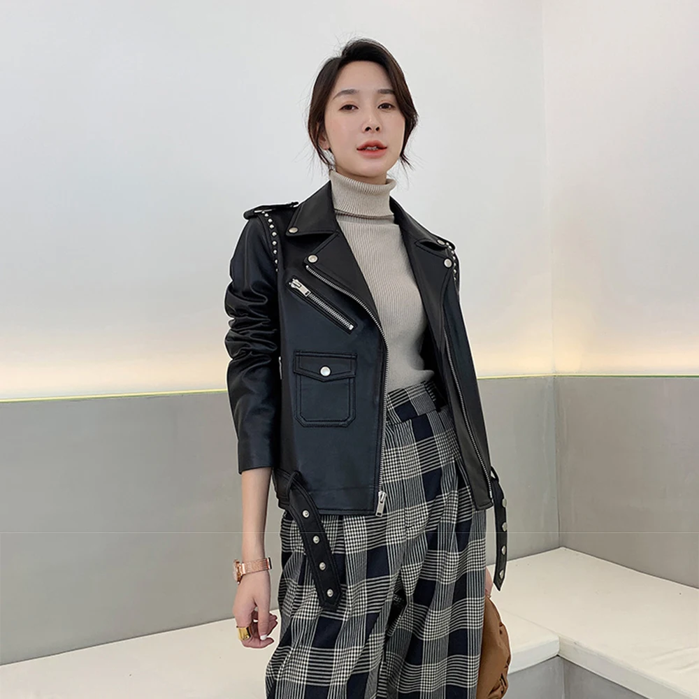 JAZZEVAR 2023 New High Fashion Street Women Real Sheep Skin Leather Jacket Black Rivet Genuine Leather short Motorcycle Jackets
