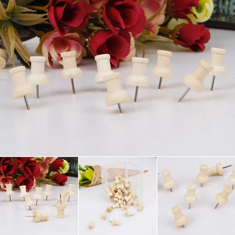 

40 Pcs Wooden Thumbtack Creative Decorative Drawing Push Pins Wood Head Office