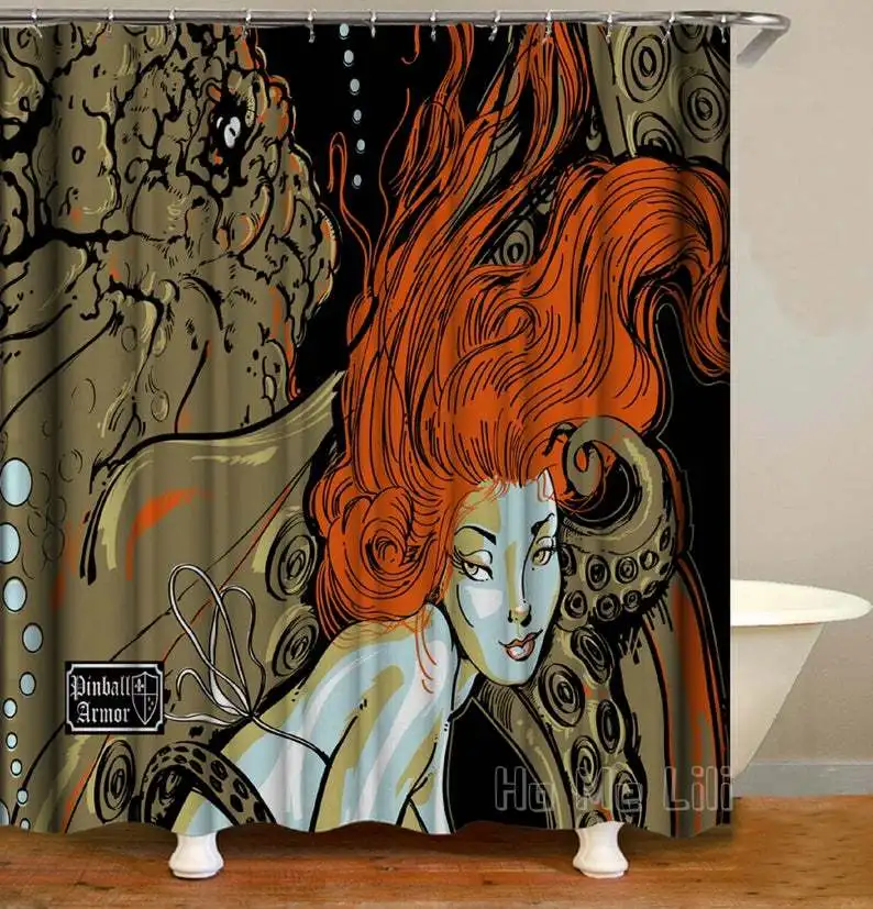 Осьминог графика сексуальная девушка оранжевый волос занавеска для душа | Дом и