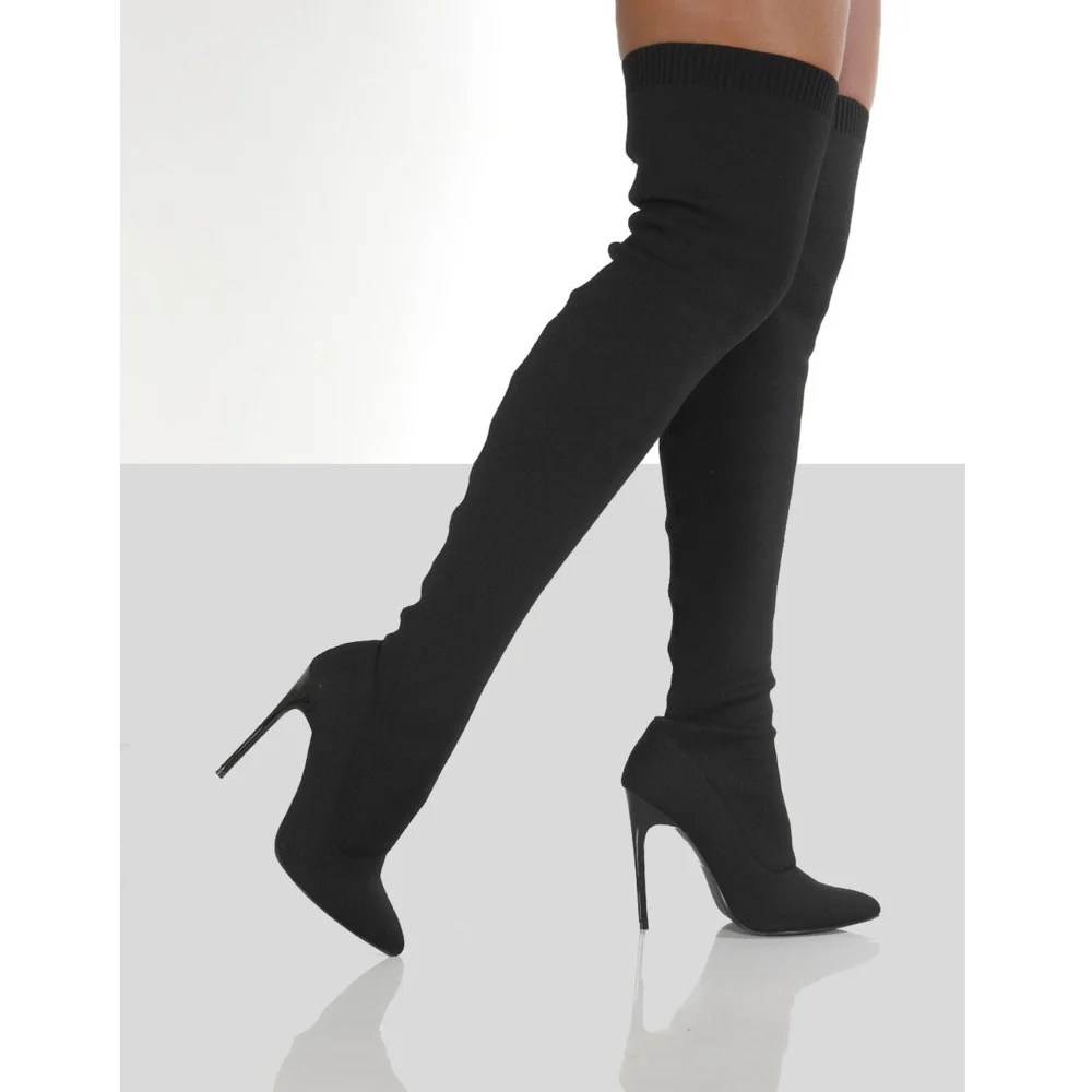 

2021 New Winter Women's Knee High Boots Knitted Design Warm And Fashionable Women Boot Black Beige Simple And Optional