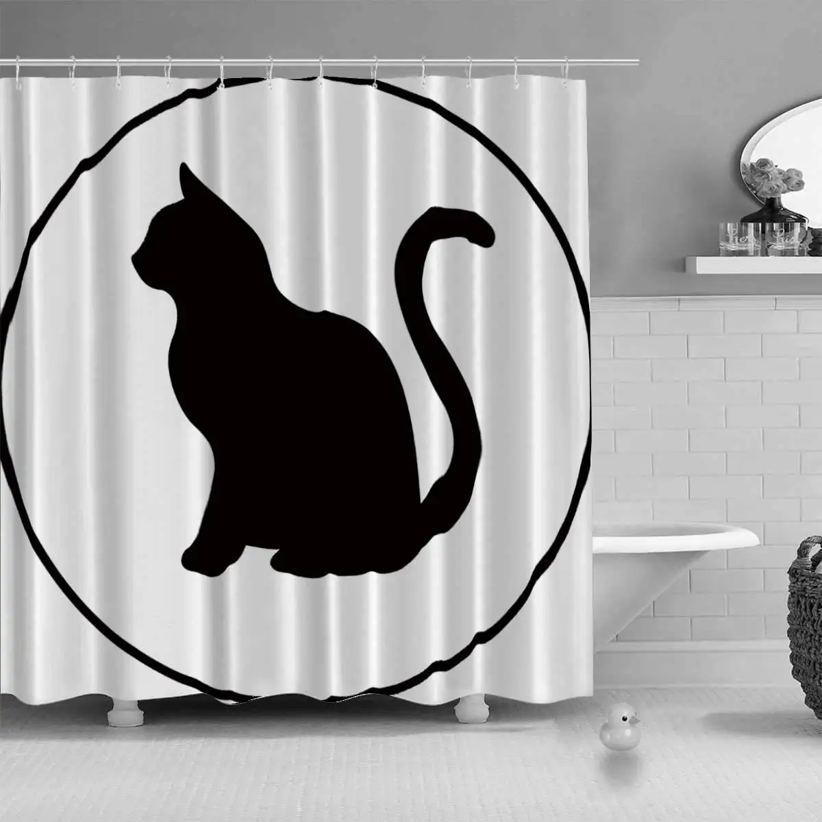 Разные векторные занавески для душа с изображением черного силуэта кота дома и
