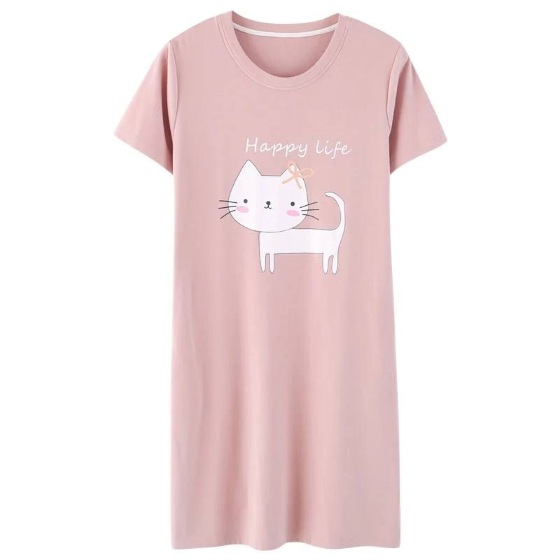 

Cute Cartoon Women's Nightdress Sleepwear Loose Short Sleeve Pocket Cotton O-Neck 2021 Summer New Casual Comfortable Home Dress