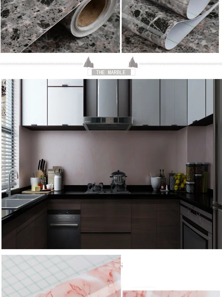 Thickened waterproof self-adhesive wallpaper marble sticker oil proof high temperature resistant kitchen furniture decoration