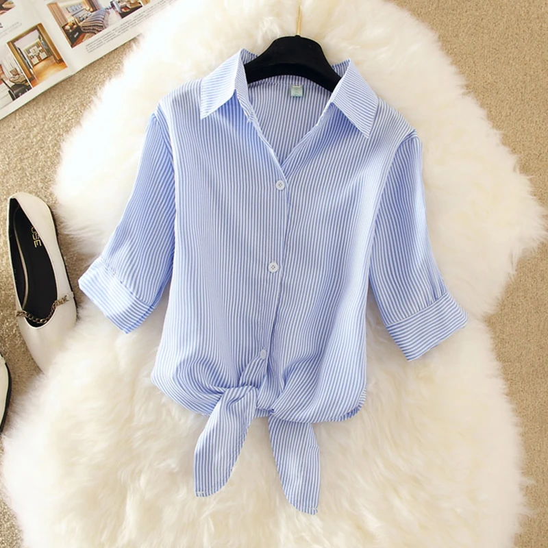 Женская синяя блузка с коротким рукавом Повседневная Свободная рубашка для