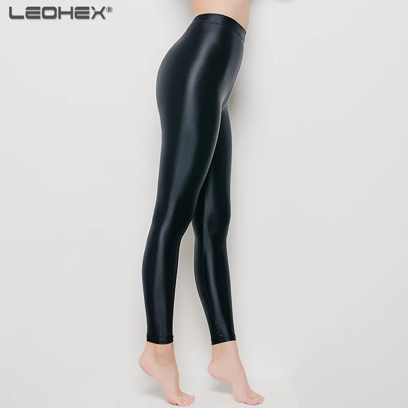 LEOHEX, атласные глянцевые трико, сексуальное бикини с высокой посадкой, стринги, боди, Женский Блестящий Цельный купальник, купальный костюм - Цвет: Legging-Black