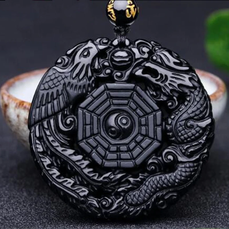 

100% natural Obsidian dragon-phoenix Eight-Diagrams Jade Pendant Jewelry Fine Jewelry Obsidian lucrative Pendant Necklace