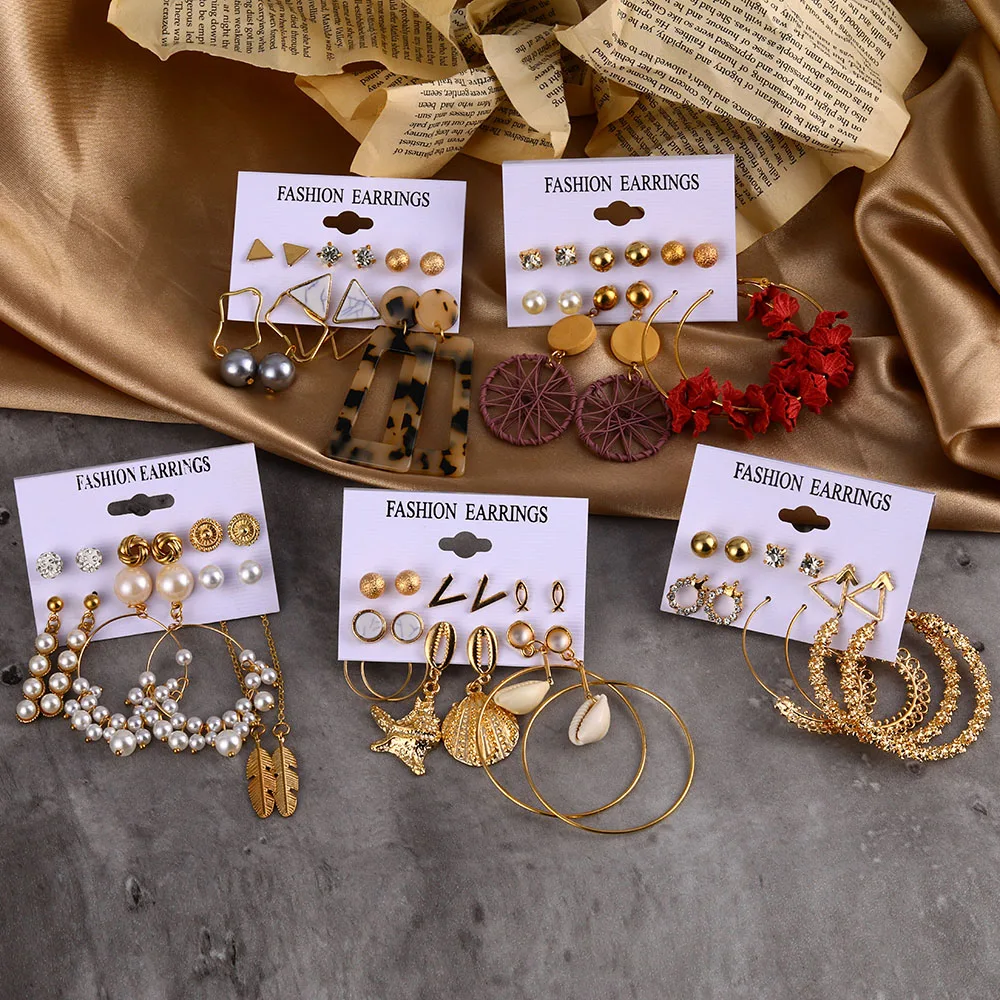 Модные геометрические жемчужные цветочные серьги из сплава набор для женщин