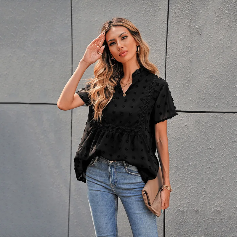 

Chiffon Women's New European and American Solid Jacquard V-neck Short Sleeve Top Hollowed Out Loose Type