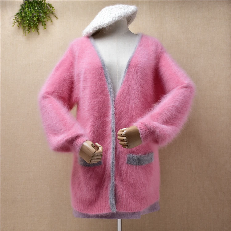 

ladies women autumn winter fashion pink mink cashmere knitted long lantern sleeves v-neck loose cardigan angora fur sweater pull