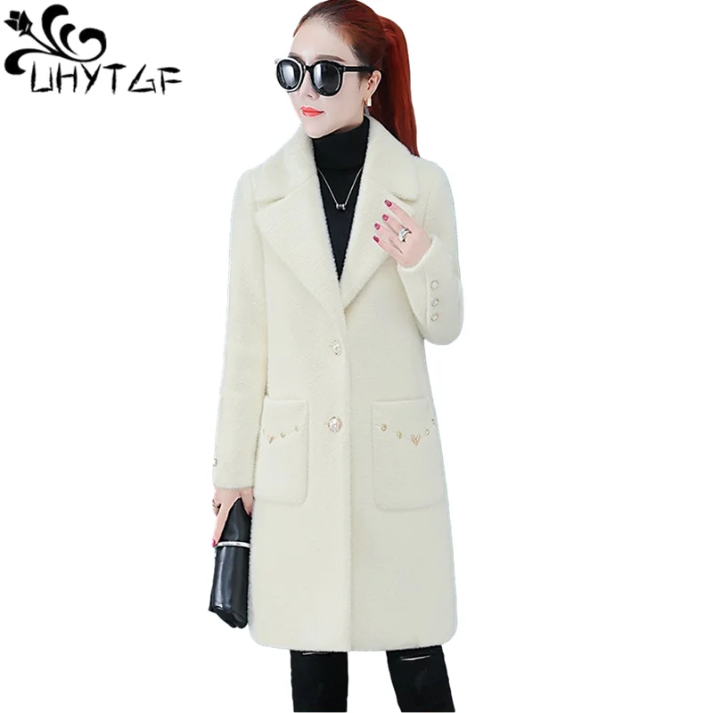 

UHYTGF Women Winter Coats Quality Mink Fleece Warm Autumn Woolen Jacket Mid-Length Pure Color Wild Loose Plus Size Outwear 1204