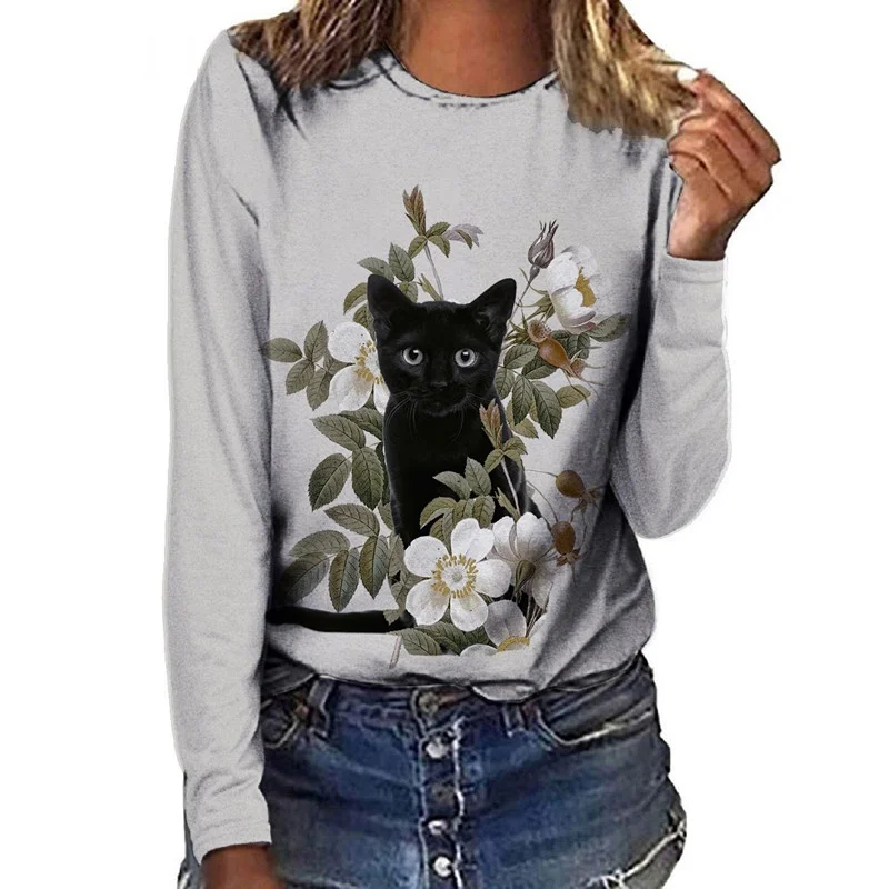

Women Clothes Spring Autumn Casual Pullovers Women's Clothing Funny Cute Cat 3D Print Long Sleeve T-Shirts Ladies Fashion Tops