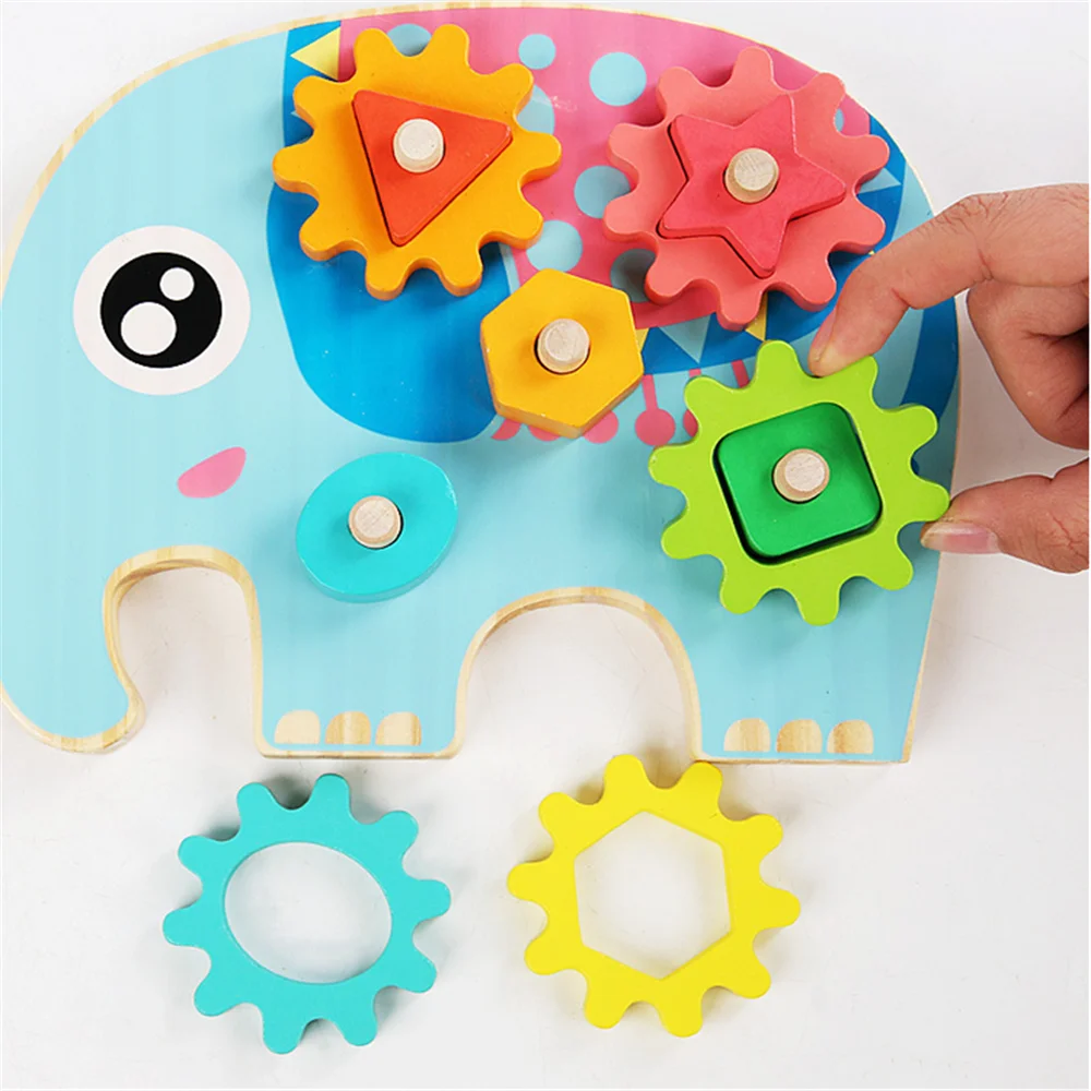 

Children Wooden Gear Toy Education Assembly Owl Elephant Kids Toys Assembling Blocks Colorful Sorting Color Cognitive Board Toys