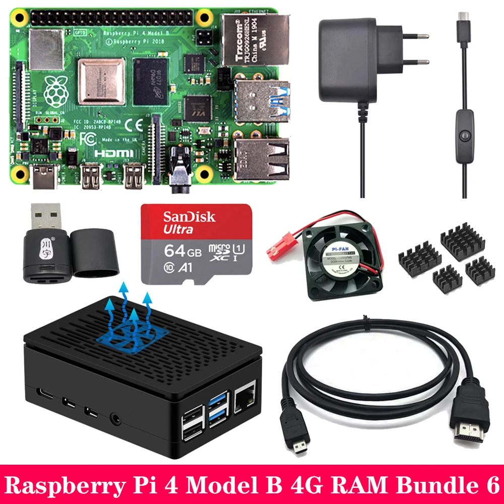 Raspberry Pi 4 2 ГБ 4 ГБ ОЗУ с ABS чехол источник питания алюминиевый теплоотвод Micro HDMI кабель для Raspberry Pi 4 Модель B Pi 4B Pi4 - Комплект: Комплект 6