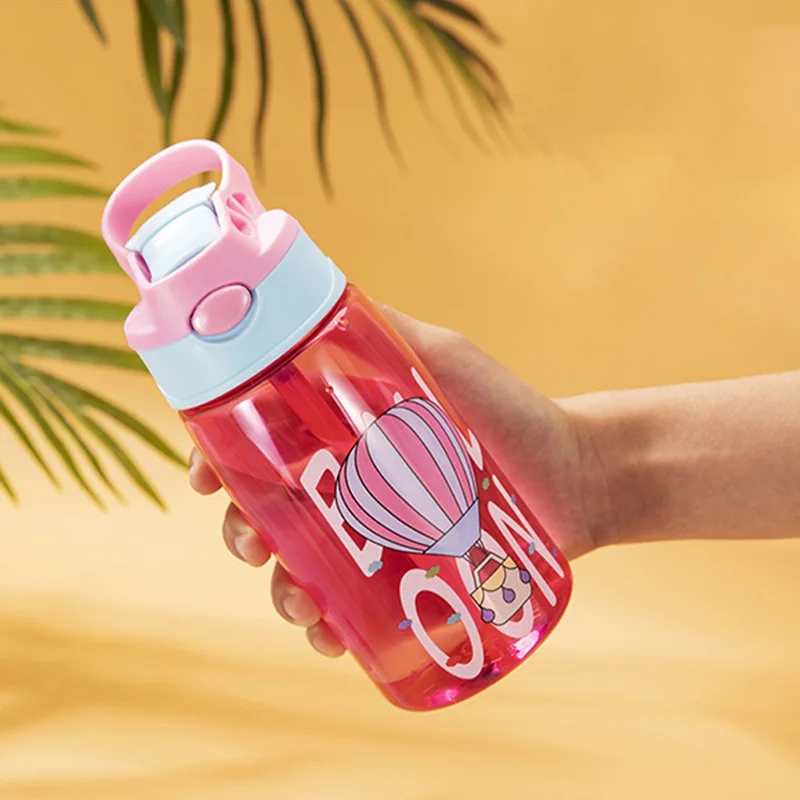 Botella de agua port&aacute;til con patr&oacute;n de dibujos animados para ni&ntilde;os, vaso de alimentaci&oacute;n con pajita para entrenamiento al aire libre, 480ML-4