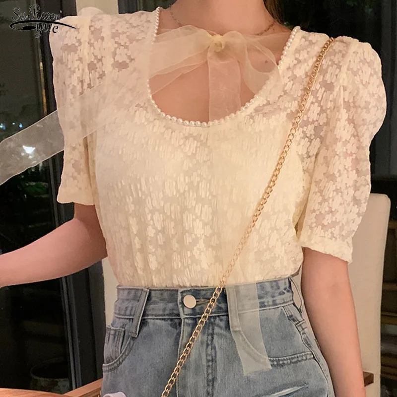 

2021 Summer Solid Color Heavy Industry Beaded Lace Crocheted Puff Sleeve Bow Bottoming Shirt Shirt Female Casual Sweet 14992