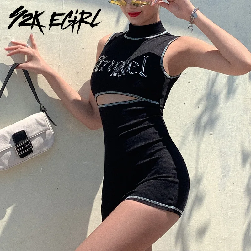Y2K EGIRL Pastel Goth Angel Стразы платья с вырезами модная водолазка для E girl черное платье