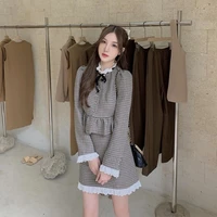 mini skirt suits autumn womens lace stitching long sleeved jacket high waist plaid bag hip a line fashion two pieces sets female