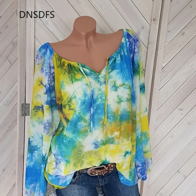 

Plus Size 5XL Top Women Blouses Casual Beach Long Sleeve Loose Shirt Summer Blusas Black Ink Print Blouse V Neck Womens Clothing