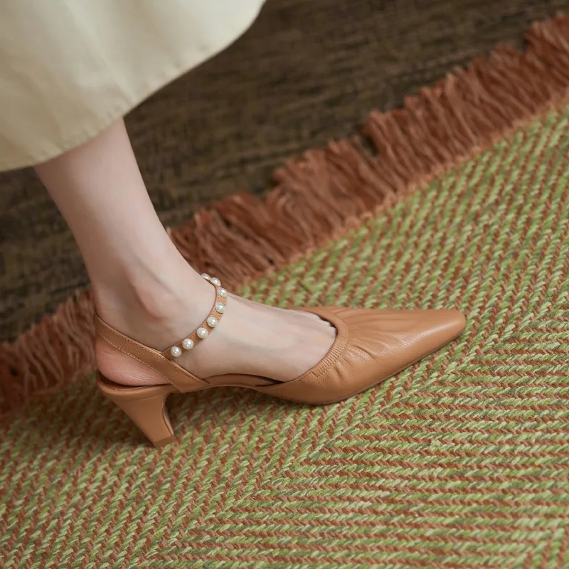 

Comfort Shoes for Women Red Leather Sandals Suit Female Beige Espadrilles Platform Buckle Summer Heels Square Toe Real Low Pearl
