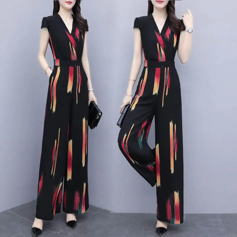 

Fashion Casual Jumpsuit V-neck Women Elegance 2021 Summer New Print Bodysuit High Waist Wide Leg Pants Ladies Playsuit Romper