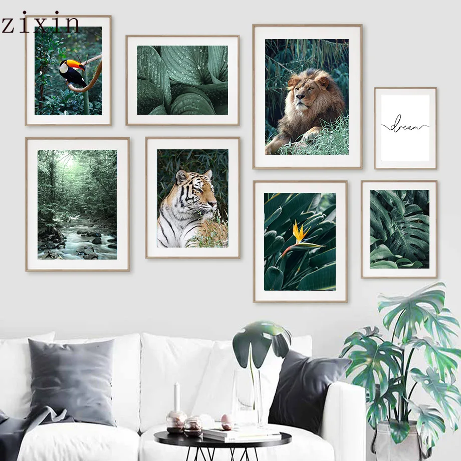 

Jungle Wild Lion Tiger Bird Monstera Leaf Wall Art Canvas Painting Nordic For Poster And Prints Wall Room Decor Pictures