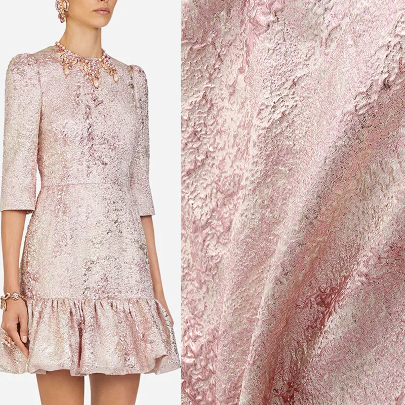 

100x145cm France Fashion Gold Jacquard Pink Color Polyester Fabric For Woman Spring and Autumn Tutu Skirt Dress DIY Sewing