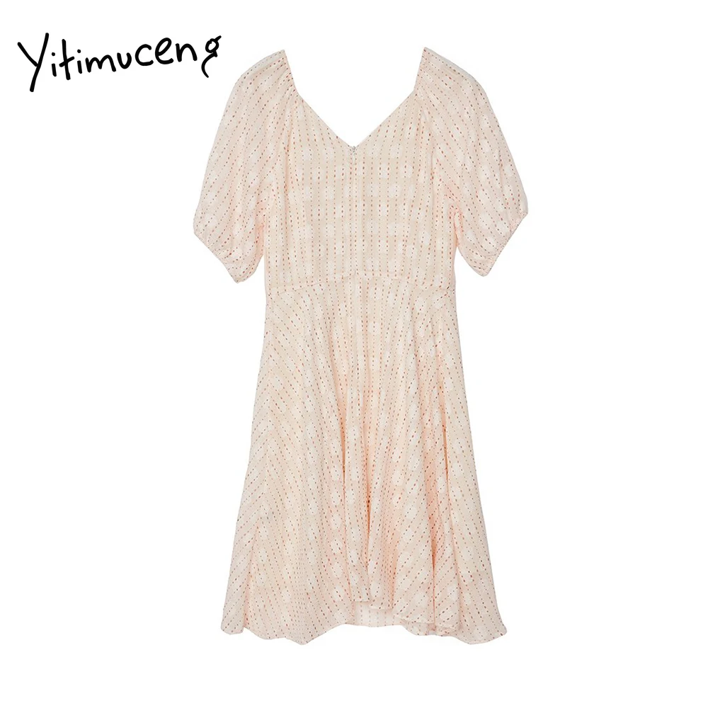 

Yitimuceng Dresses Women Summer 2021 Sexy Mini A-Line Hollow Out Floral Lantern Sleeve V-Neck Empire Ages 18-35 Years Old BEIGE