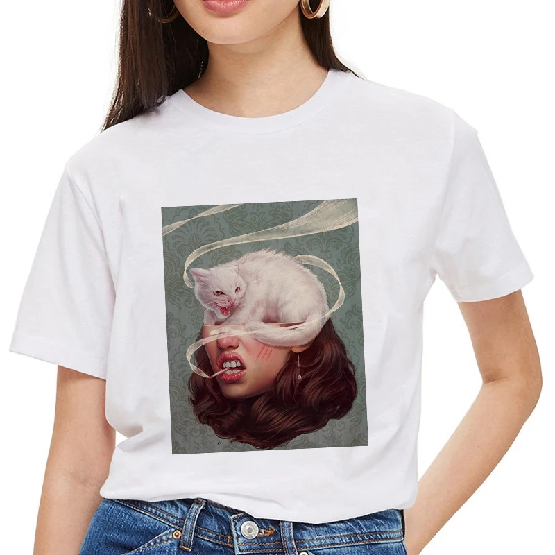 

Футболка женская с абстрактным принтом, тонкий топ в стиле ретро, Повседневная модная эстетичная рубашка в стиле Харадзюку, на лето