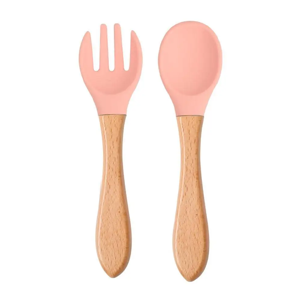 2 piezas cuchara de silicona para beb&eacute;s tenedor mango de madera cubiertos de Color para alimentos para beb&eacute;s cuchara de caramelo de silicona suave conjunto de alimentaci&oacute;n Z7B3-3