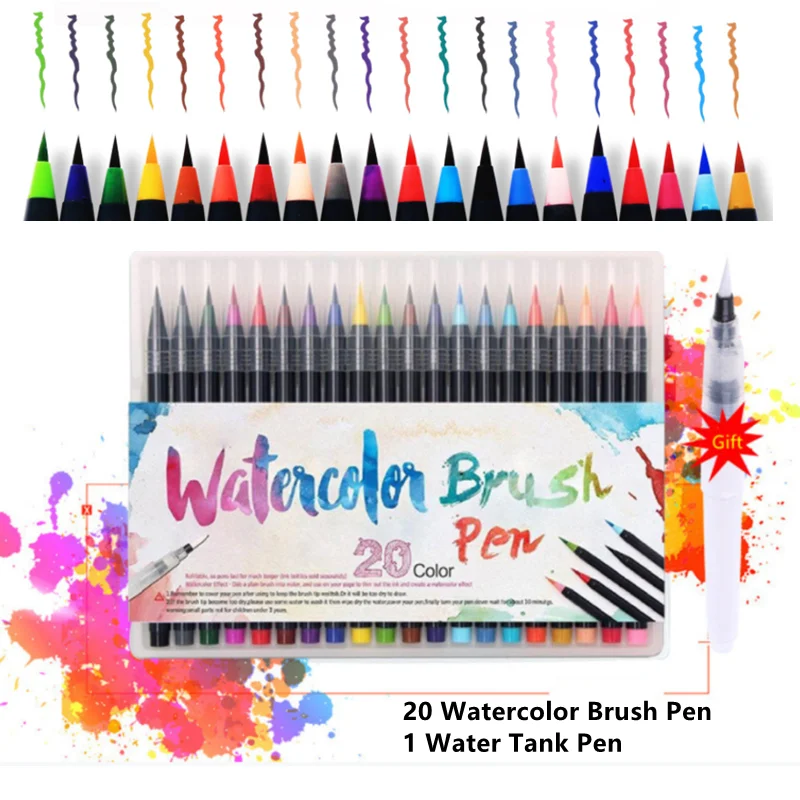 

20/24/48 Color Watercolor Markers For Drawing Felt-Tip Pens Set For Children Water Coloring Brush Pen For Lettering Art Supplies