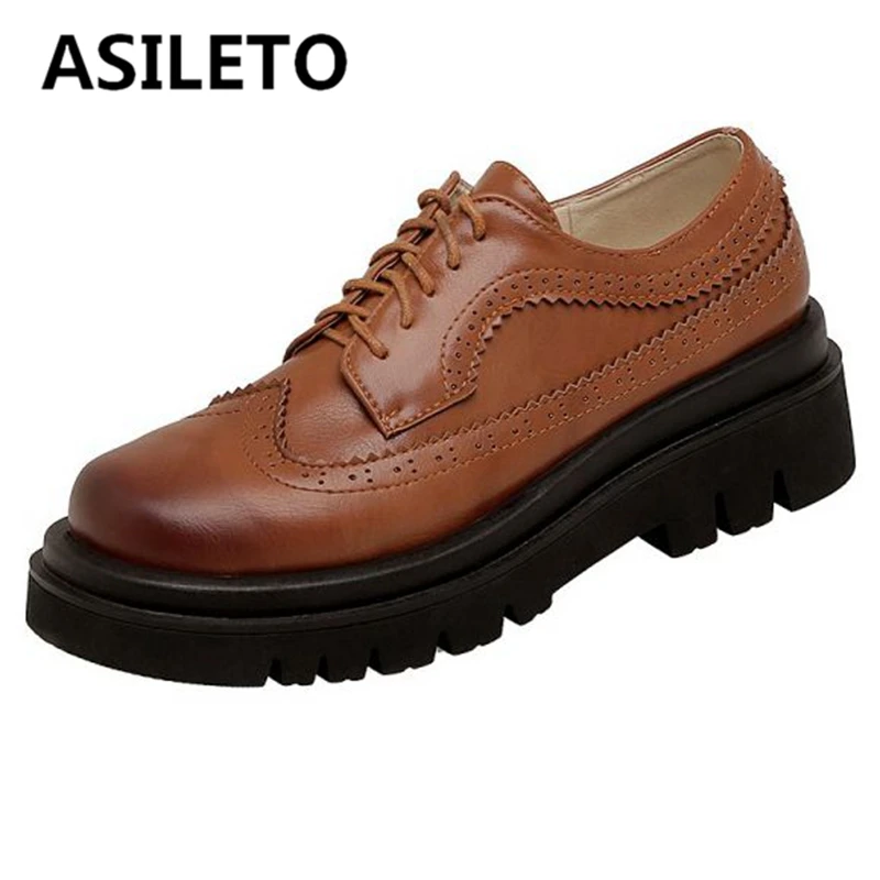 

ASILETO Plus Size 34-43 Mix Color Black White Brown Spring Casual Woman Pumps Round Toe Flats Thick Heels Lace-up Splice S2821
