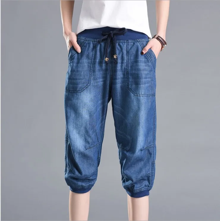

Plus Size Black Denim Jeans Women's Summer Harem Pants Light Washed Loose Cotton Casual Calf-Length Blue Trousers Women 3XL 4XL