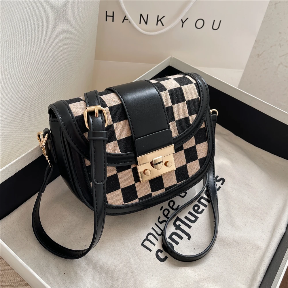 

Two Tones Checkered Semicircle Small Crossbody Shoulder Bags For Women Luxury Brand Push Lock High Quality Purses For Phone 2022