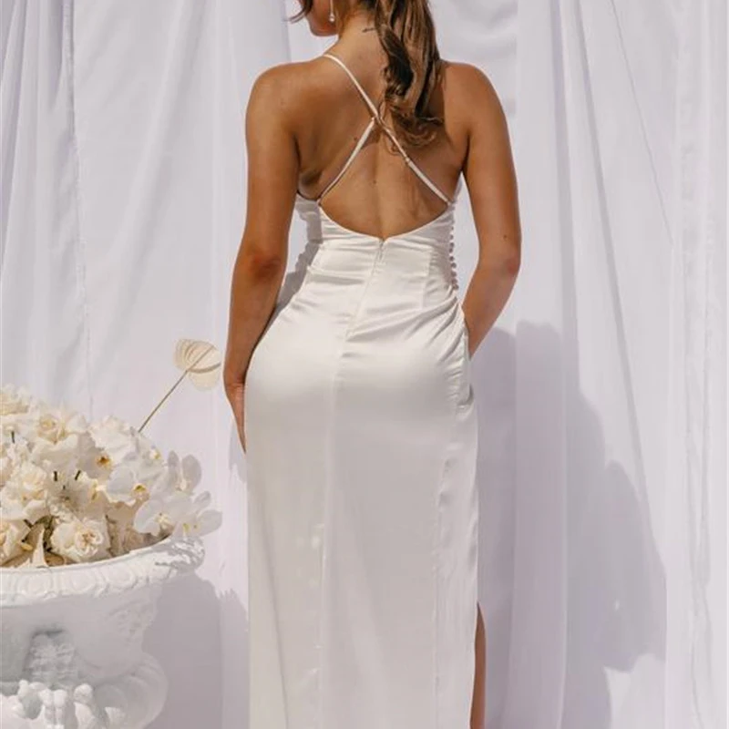 

Summer Satin Backless Dresses For Women 2021 Elegant Spaghetti Strap Hight Split Night Club Maxi Party Dress Ruched Woman Dress