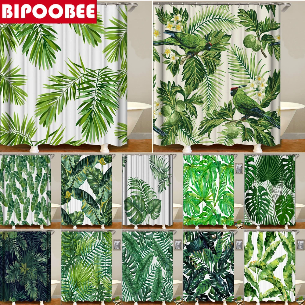 

Rainforest Plants Leaves Shower Curtain with Hooks Green Forest Banana Leaf Bathroom Curtains Bath House Bathtubs Decor