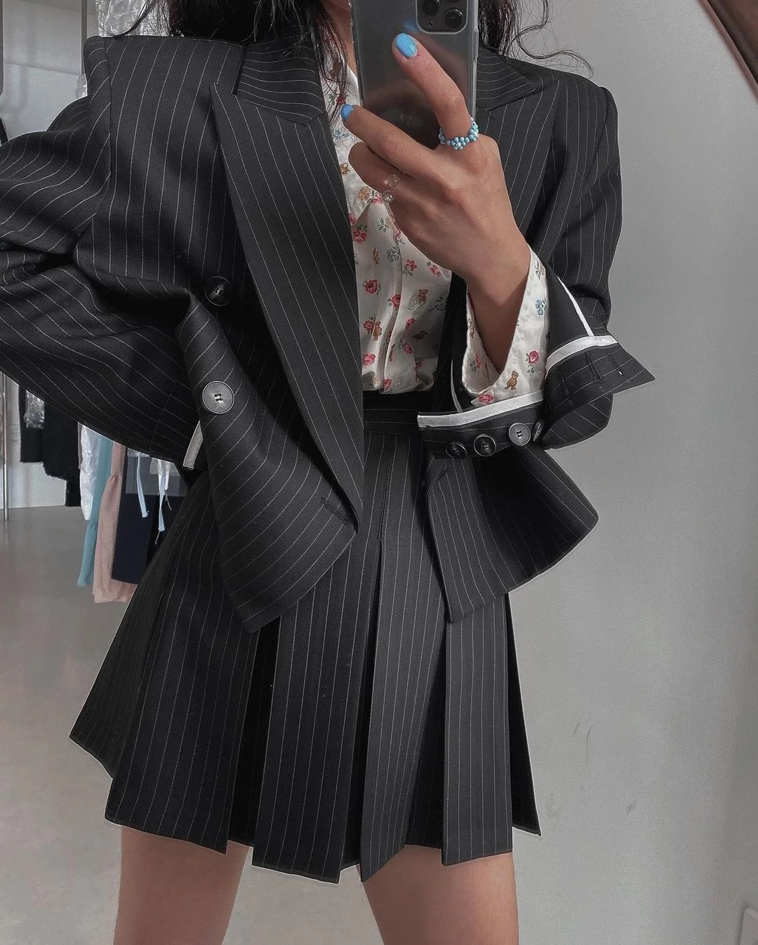 

Striped suit retro jacket college style JK uniform + pleated A-line high waist skirt suit