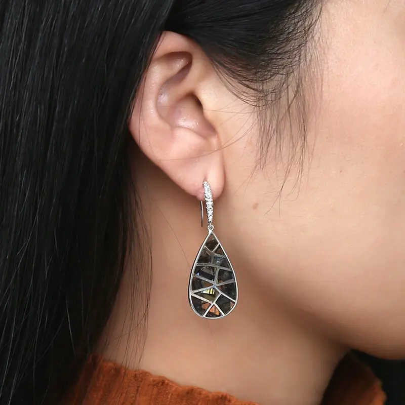 

New design Handcrafted Labradorite with Ammonite Drilled Intarsia Earrings 925 Sterling Silver Findings, 30x16x2mm, 7.0g