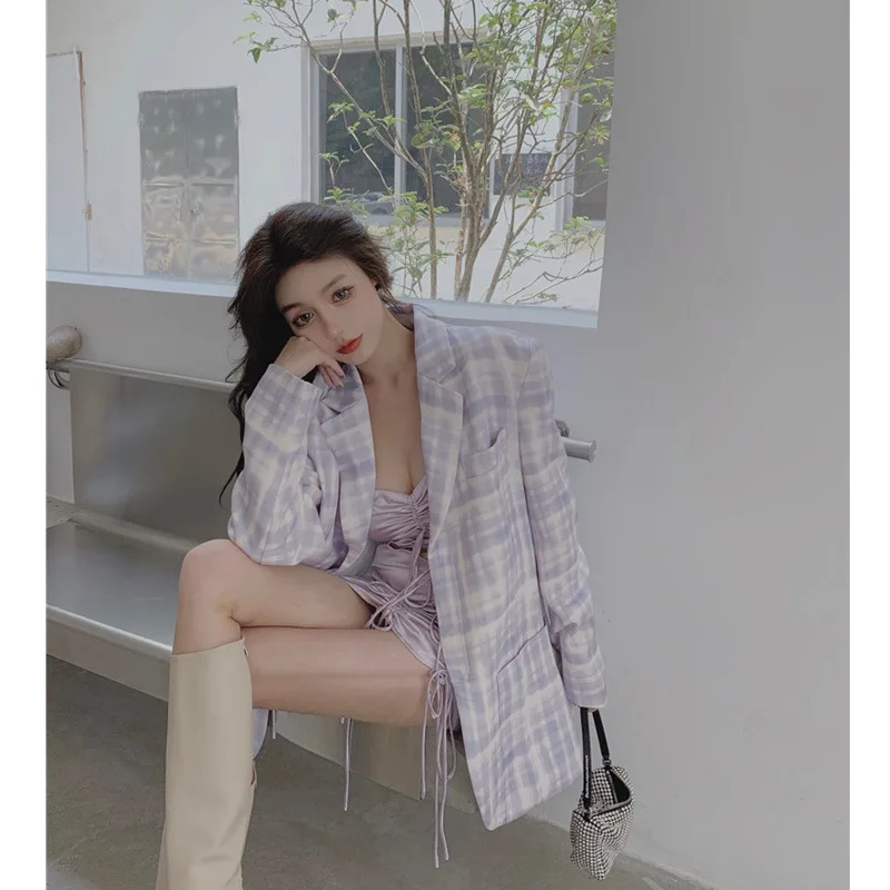 

Vintage Single Breasted Plaid Women Blazer Loose Pockets Jackets Female Retro Suits Coat Feminino Blazers Outerwear High Quality