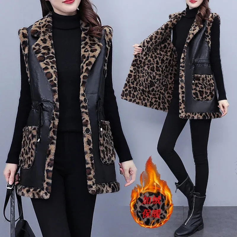 

Winter New High-End Plus Velvet Vest Fashion Leopard-Print Fur Mid-Length Coat Loose Warm Vest Imitate Fur Jacket Sleeveless