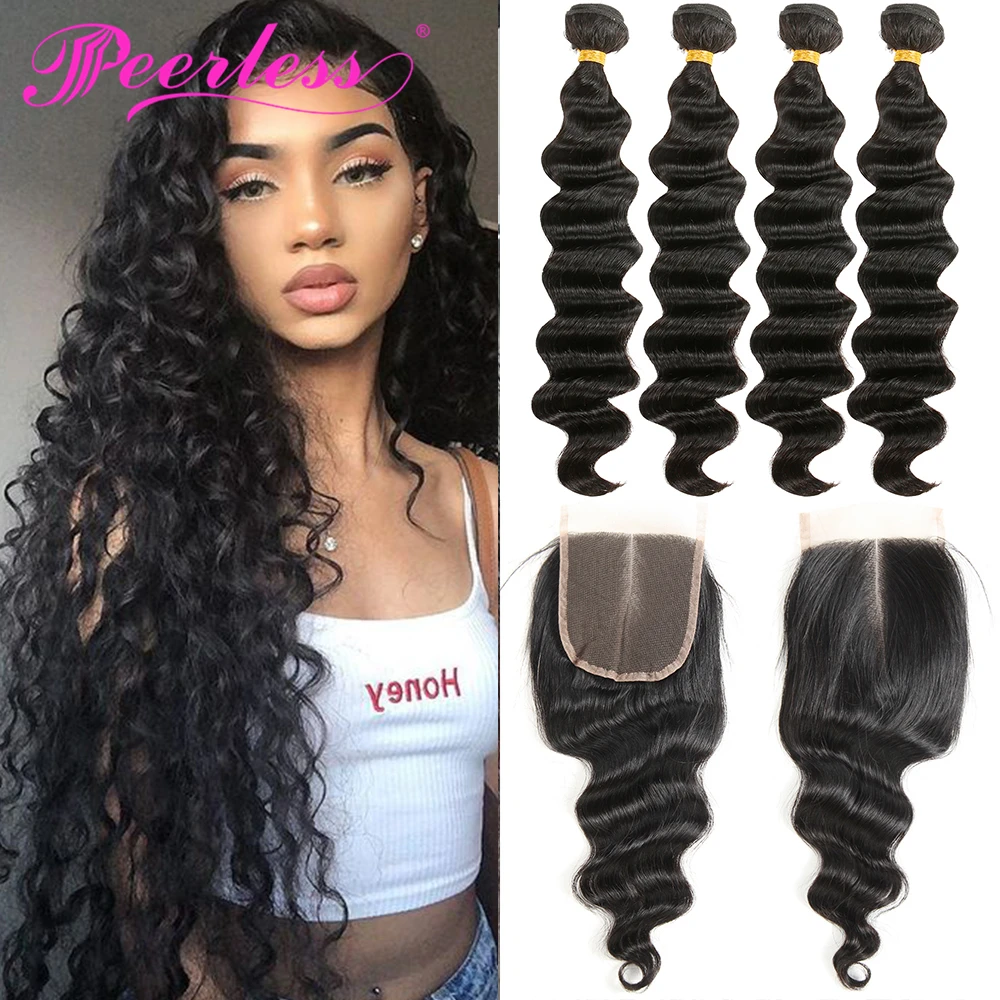 PEERLESS волосы свободная волна бразильские пряди с Закрытие 4*4 швейцарский шнурок
